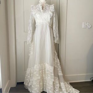 70s Boho Prairie Lace Wedding Dress Sz S Read Flaw AS IS
